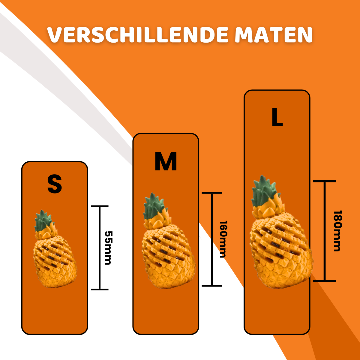 Hondenspeelgoed Anna de Ananas, Verschillende Maten, Maat S, Maat M, Maat L. Oersterk Hondenspeelgoed, Hondenspeelgoed in de vorm van een Ananas, Natuurlijk Rubber, Afmetingen Maat S 55mm, Afmetingen Maat M 160mm, Afmetingingen Maat L 180mm