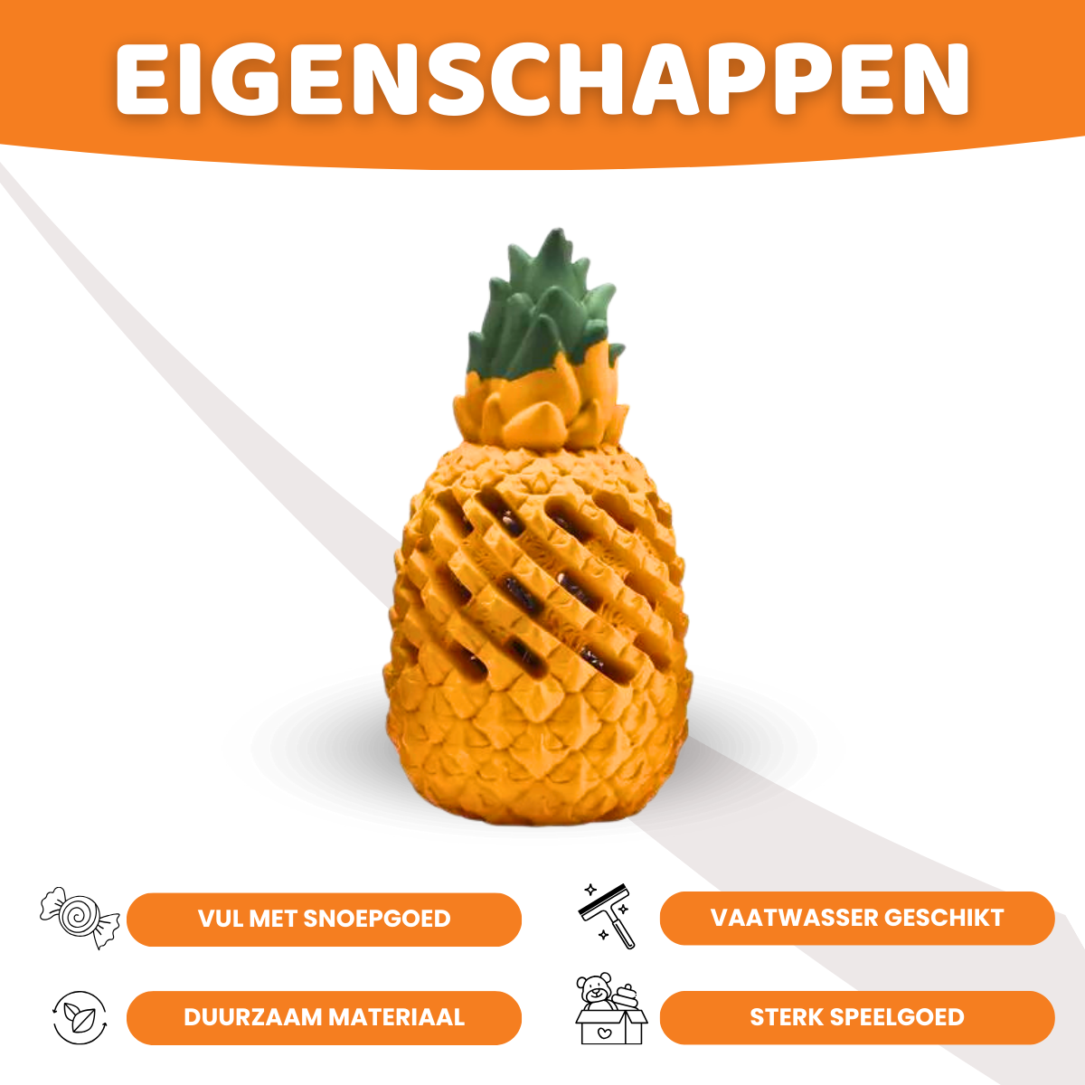 Hondenspeelgoed Anna de Ananas, Oersterk Hondenspeelgoed, Hondespeelgoed In De Vorm Van Een Ananas, Geschikt voor Grote Honden, Eigenschappen, Vul met snoepgoed, Vaatwasser Geschikt, Duurzaam Materiaal, Natuurlijk Rubber