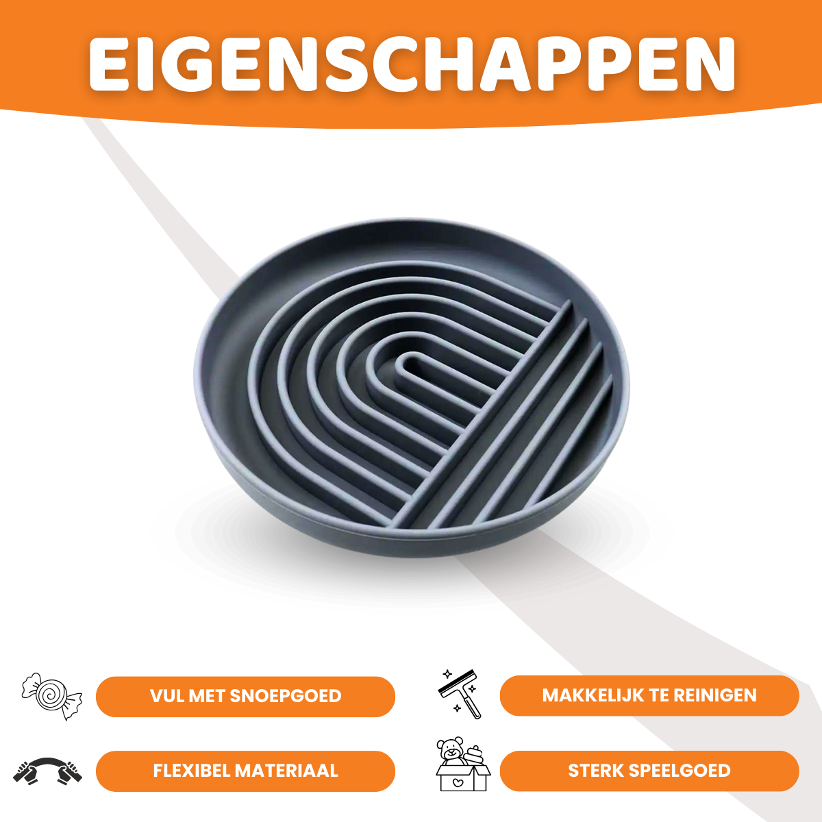 Anti-schrokbak met enkel regenboogdesign in grijze kleur, ontworpen voor langzamer eten door honden, Geschikt voor alle honden, Makkelijk te Reinigen, HappyPaws, Flexibel en Oersterk Materiaal, Natuurlijk Rubber, Vul met Snoepgoed en andere lekkerneijen