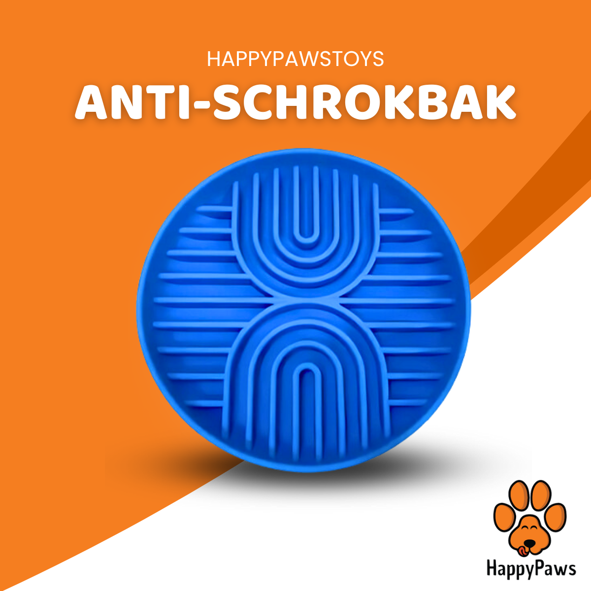 Stevige anti-schrokbak voor honden met dubbel regenboogdesign, blauwe kleur, en slow feeder functionaliteit, HappyPaws Anti-Schrokbak