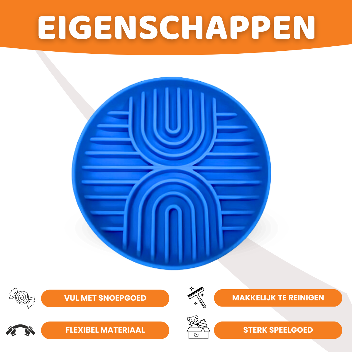 Stevige anti-schrokbak voor honden met dubbel regenboogdesign, blauwe kleur, en slow feeder functionaliteit, Geschikt voor alle honden, Makekelijk te Reiningen, Eigenschappen, Flexibel Materiaal, Oersterk, Vul met Snoepgoed, HappyPaws