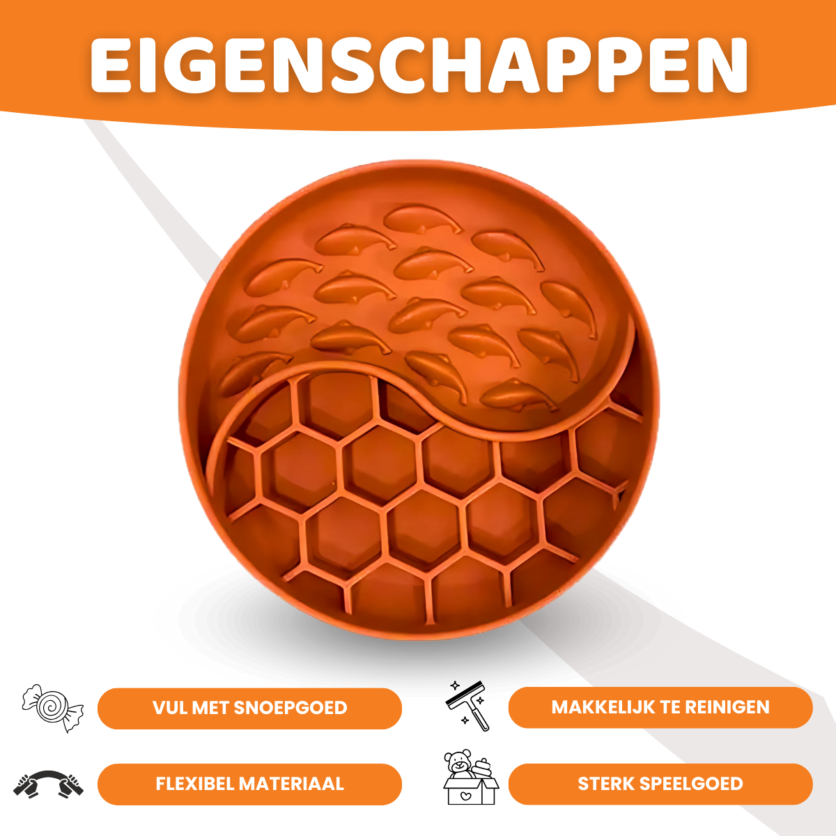 Anti-schrokbak met honinggraatdesign in terracotta kleur, ontworpen voor langzamer eten door honden, Geschikt voor alle honden, Natuurlijk Rubber, Anti-Slip, HappyPaws, Eigenschappen, Makkelijk te Reinigen, Sterk en Flexibel Materiaal, Vul met Snoepgoed